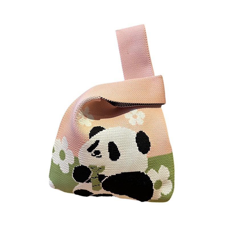 可爱熊猫针织手提女包百搭伴手礼包手拎休闲通用手腕袋成都爷爷大