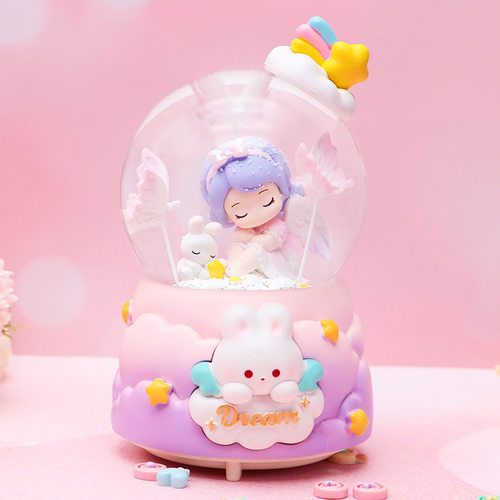创意卡通梦蝶女孩彩灯飘雪花玻璃水晶球音乐盒送少女儿童生日礼物 - 图0