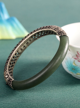 吉祥如意925纯银天然青玉贵妃镯