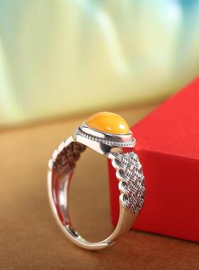 S925纯银蜜蜡编织戒指