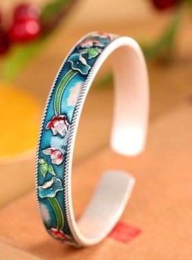 古法荷花韵足银9999手镯生日礼物
