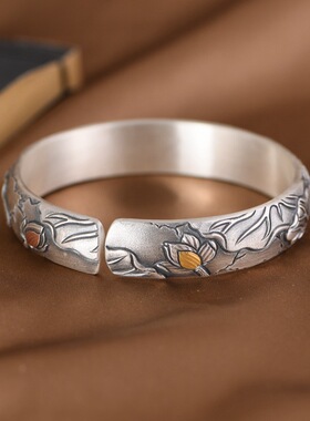 纯手工999足银浮雕镶金莲花手镯