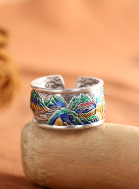 通体999足银龙凤祥云珐琅彩戒指