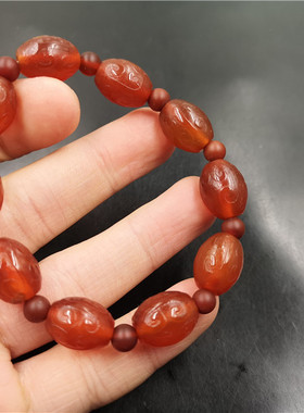 四海哑光磨砂雕花米珠手串老玛瑙