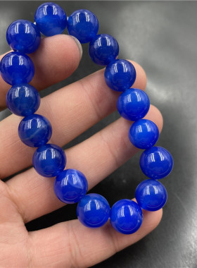四海玉器 12毫米蓝色玛瑙圆珠手链  蓝玉髓手串 男女款玉石手串