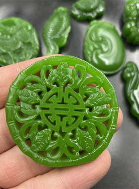 四海玉器 外蒙料仿碧玉吊坠 碧绿色仿玉挂件 牌子 如意 鱼 关公