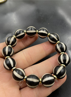 四海玉器 14毫米黑白色天珠玛瑙南瓜手链 财神 虎牙算盘珠手串