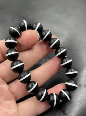 四海玉器 12毫米黑白色一线天珠玛瑙圆珠手链 手串