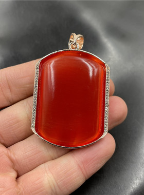四海玉器 大红色猫眼石平安无事牌吊坠 粉色毛衣链挂坠 玉坠