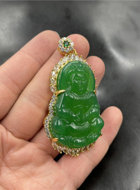 四海925银男款翠绿色观音吊坠