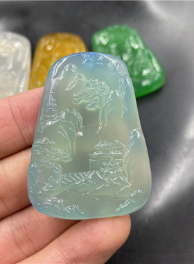 四海玉器新款天然山水翠绿色梯形