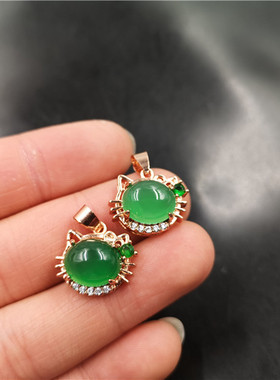 玉器925银镶嵌翠绿色玛瑙猫吊坠