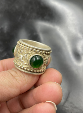 四海玉器 藏式复古藏银扳指 男款镶嵌红色绿色宝石指环 戒圈