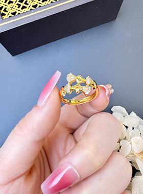 轻奢沙金微镶叶扣戒指女