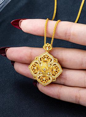 新中式古法四方如意项链女越南沙金宫廷风镶钻平安锁吊坠潮流饰品