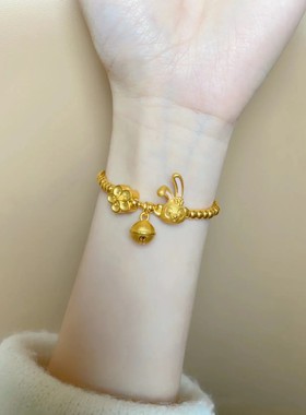 【爆款兔年热卖】磨砂金珠俏皮甜美兔子蝴蝶结铃铛古法沙金手链女