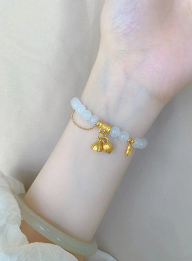 秋季新款周家同款白玉石平安扣甜甜圈兔子沙金配件手链手串甜美女