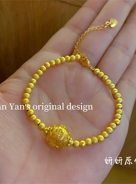 春季新款磨砂金珠多面福字金珠编织手链古法沙金吊坠手链手串女