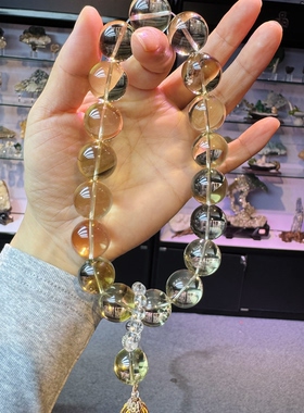 天然黄水晶近全净体18子车挂手持手工流苏新中式原创设计中国风