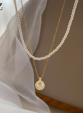 STINA双层叠戴珍珠项链玫瑰花吊