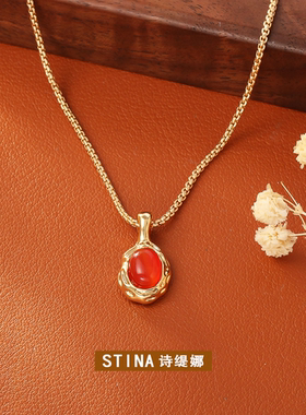 STINA铜金虎眼石石项链复古高级