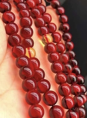 君上正品天然缅甸琥珀玻璃种血珀108酒红色手链收藏珠宝饰品首饰
