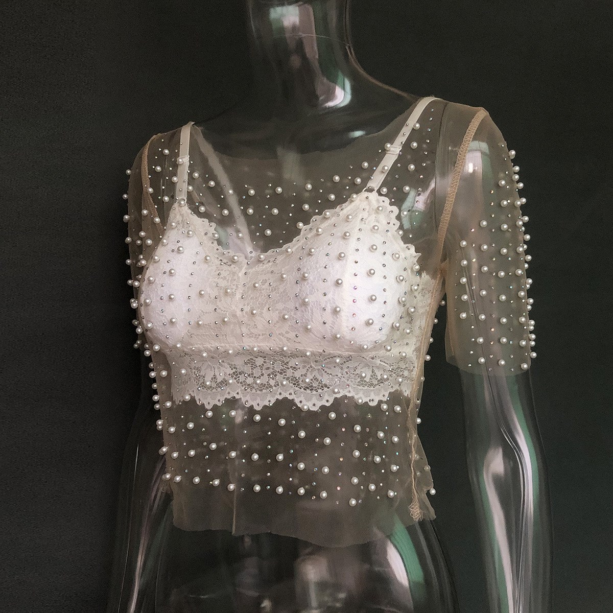 2020 summer lace shirt bright mesh short-sleeved top women - 图0