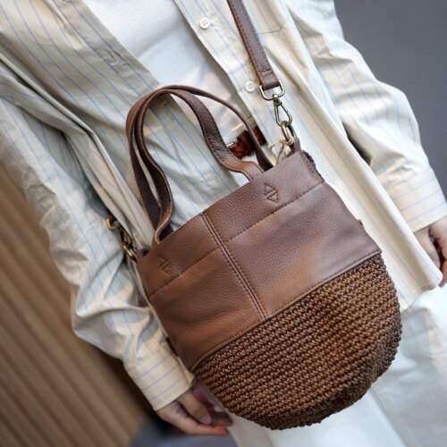 原创设计人气复古水桶包棉蜡绳手工编织头层牛皮手提单肩斜挎女包 - 图1