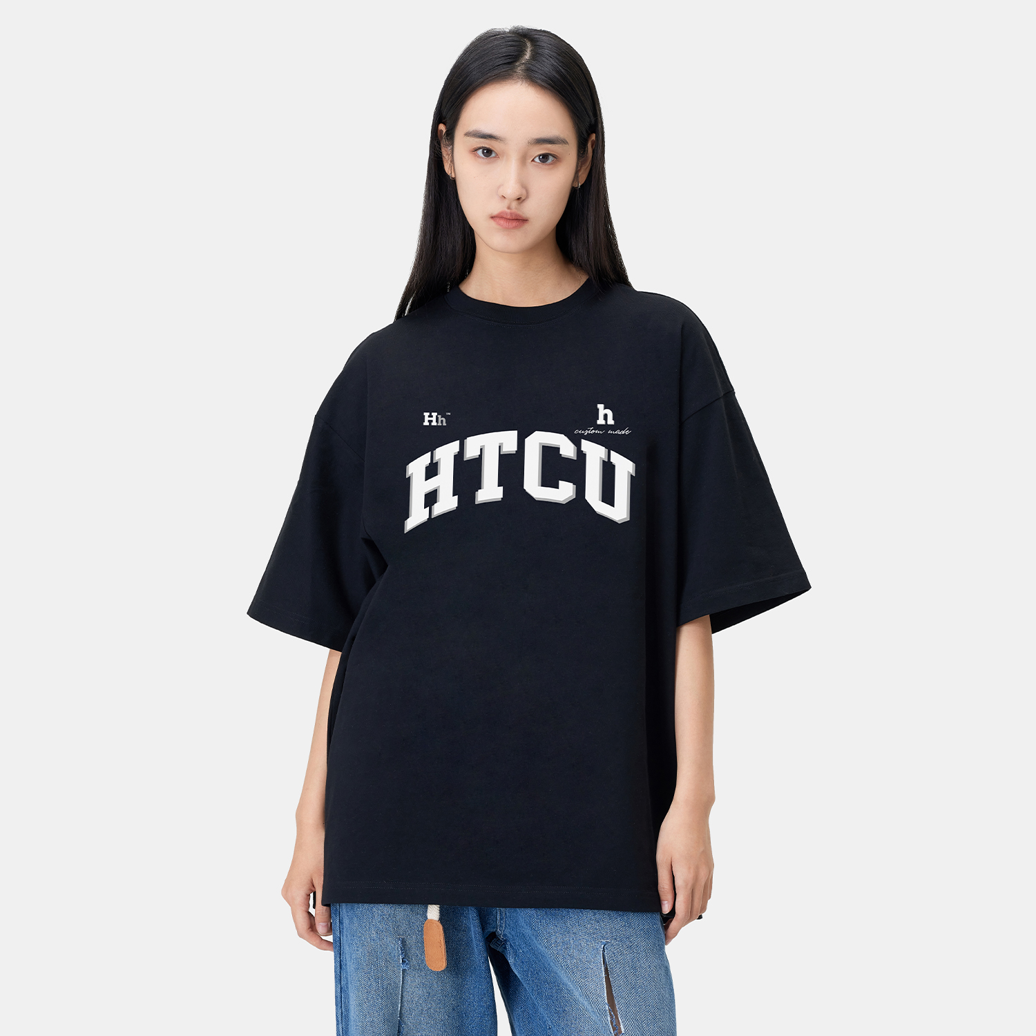 【夏之光同款】HTCU美式学院风叠影LOGO短袖国潮牌女夏季情侣T恤-图1