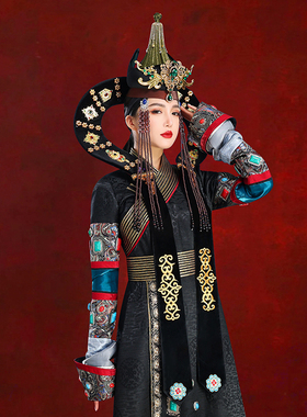 原创蒙古女士黑色牛角帽子写真摄影头饰演出走秀模特网红款