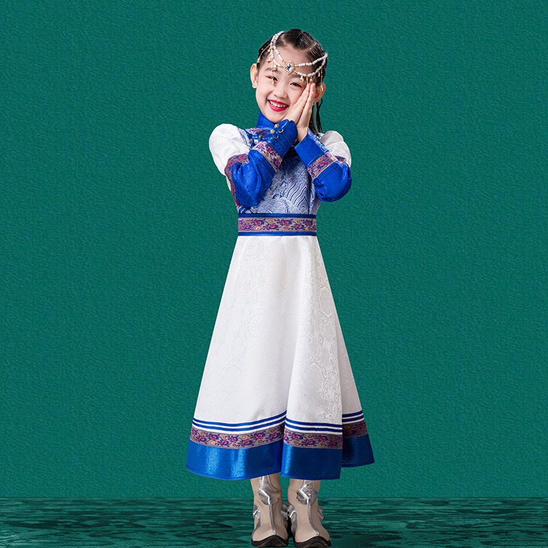 儿童女白色蒙古袍内蒙古少数民族礼服舞台装演出服连衣裙蓬蓬裙,淘宝优惠券,粉丝福利购,淘宝优惠卷