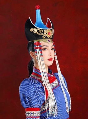 原创蒙古女士蓝色牛角帽子写真摄影头饰演出走秀模特网红款