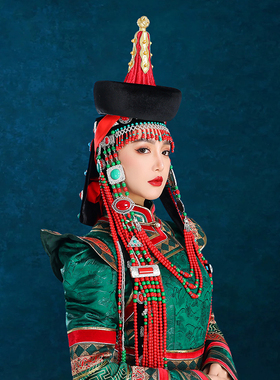 原创蒙古族女士红色网红旅拍新娘帽子舞蹈演出高端婚礼写真头饰品