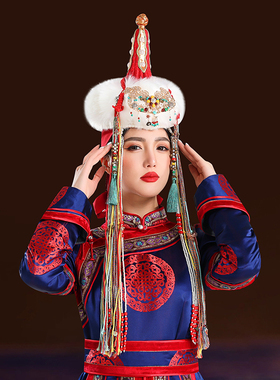原创蒙古族红色白毛毛风雪帽子舞蹈舞台演出走秀草原异域风情头饰