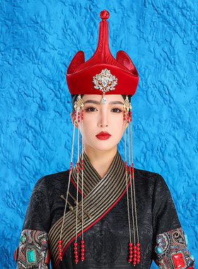 原创蒙古族女士红色高顶帽子舞蹈演出高筒婚礼新娘写真头饰品旅拍