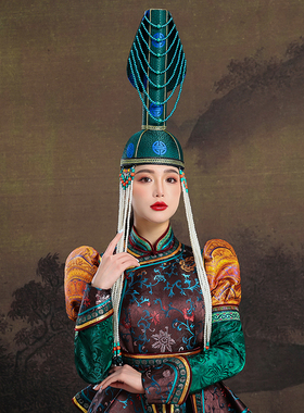 蒙古族高筒帽子女款绿色流苏重工头饰舞台演出高顶发饰旅拍走秀帽