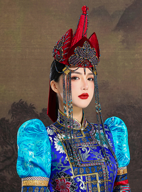 原创蒙古族红色帽子流苏内蒙古民族舞蹈演出摄影日常走秀婚礼帽子