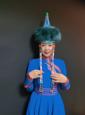 女士蒙古族毛毛墨绿色帽子舞蹈演出头饰成人儿童民族摄影写真服饰