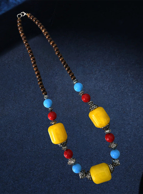 复古长款民族风藏式项链男女藏族百搭夸张松石天珠吊坠西藏服配饰