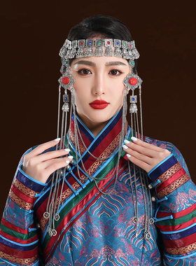 蒙古女士银色高端手工头饰内蒙古民族舞蹈演出高端婚礼走秀发品