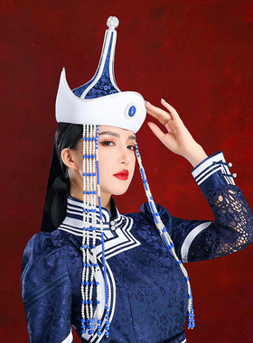 原创蒙勒图蒙古族女士蓝色网红旅拍尖顶帽子舞蹈演出高端写真头饰