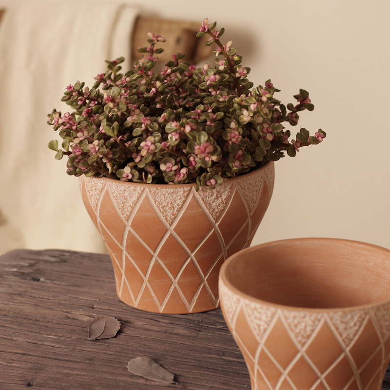 复古浮雕细纹红陶花盆新中式陶土盆客厅书房绿植简约仿旧花器陶瓷,淘宝优惠券,粉丝福利购,淘宝优惠卷