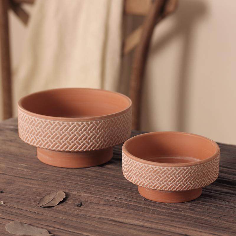 复古浮雕细纹红陶花盆新中式陶土盆客厅书房绿植简约仿旧花器陶瓷,淘宝优惠券,粉丝福利购,淘宝优惠卷