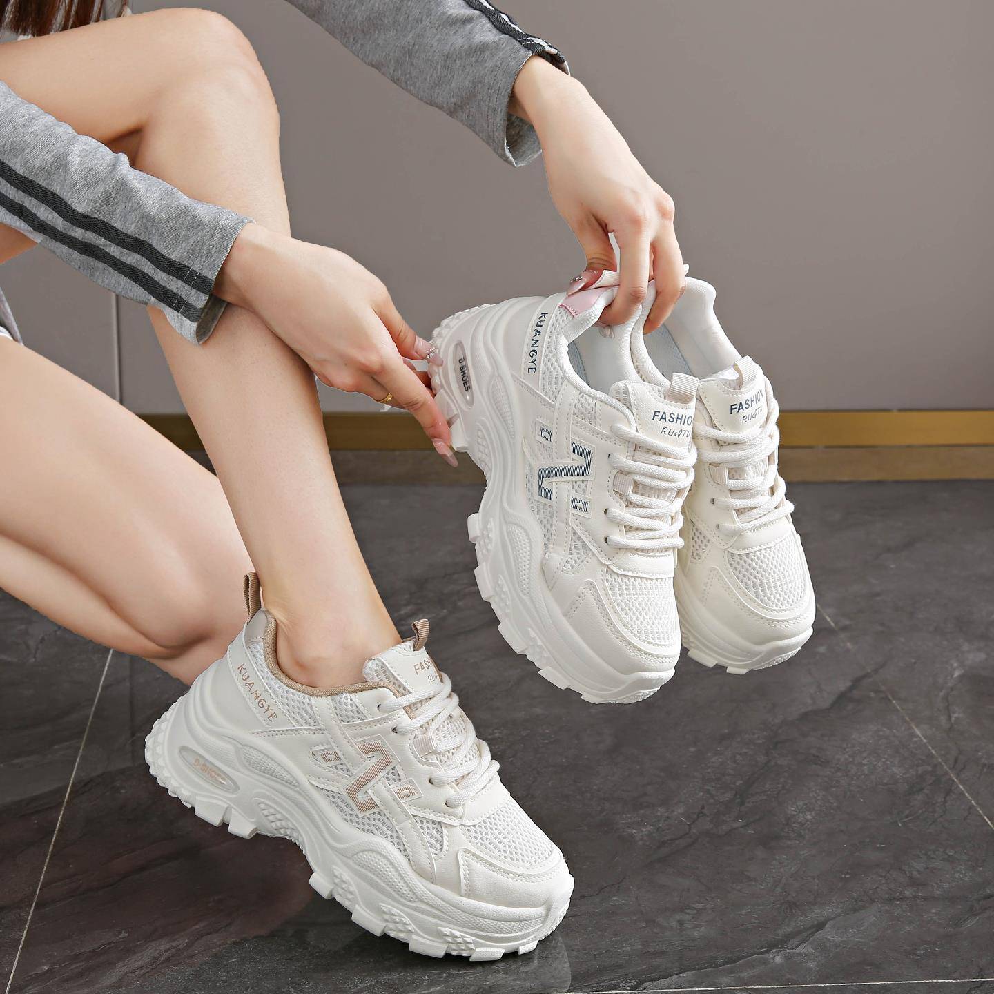 老爹鞋女款2025新款秋季网面小白鞋厚底不累脚防滑运动鞋增高女鞋 - 图3