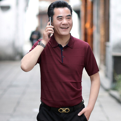 爸爸短袖t恤男装夏装40-50岁中年男士上衣服冰丝夏季中老年人爷爷 - 图1
