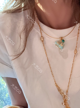 蓝色葫芦项链925银项链多种戴法金色项链长短可调节颈圈百搭链