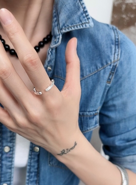 纯银双色指环开口可调节细指圈百搭叠戴925银饰黑银双色