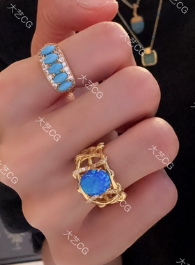纯银松石戒指开口可调节排戒925银指环蓝色