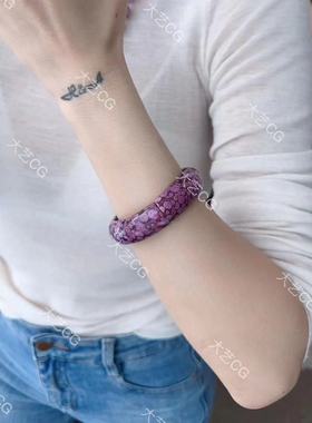 小众紫色手镯复古樱花粉宽手环新中式复古弹力腕饰