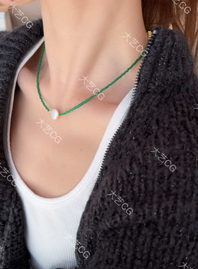 超细珍珠项链小米珠绿色新中式珠串小众高级感百搭叠戴串珠